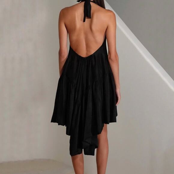 AZEEZA Winston Raw Silk Mini Dress Black High Low Halter Cocktail Party Size S - Picture 11 of 13